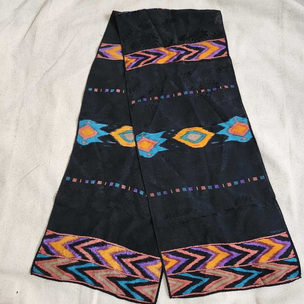 Vintage Albert Nipon Black Silk Jacquard Scarf Chevron Diamond Tribal 52"